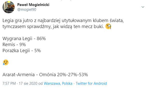 TYPY BUKMACHERÓW na dzisiejszy mecz Legii w el. LM